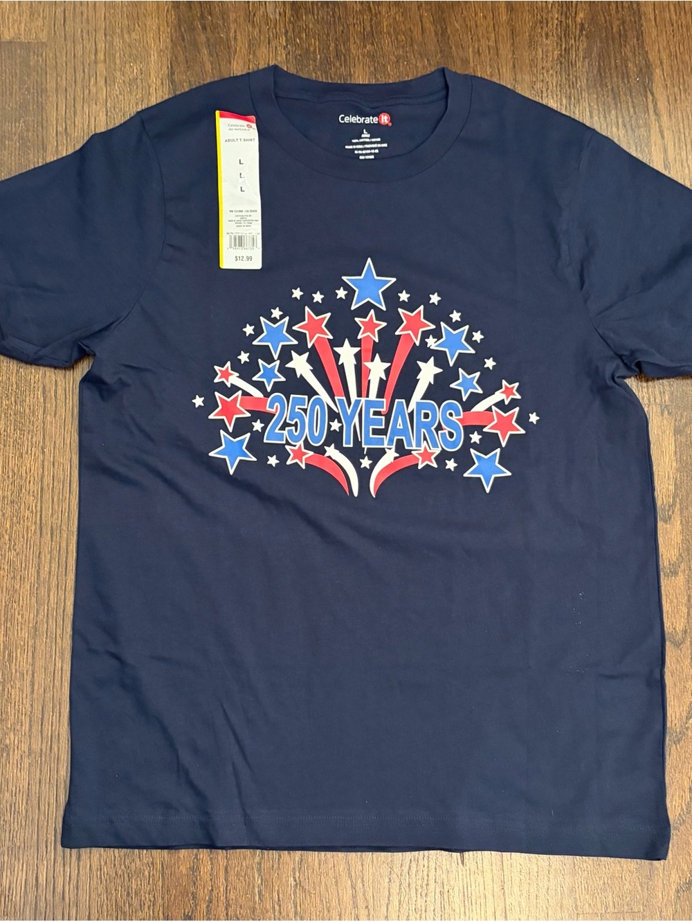 Celebrate It 250 Years Patriotic T-Shirt Navy Blue Adult Large (S and XS too)